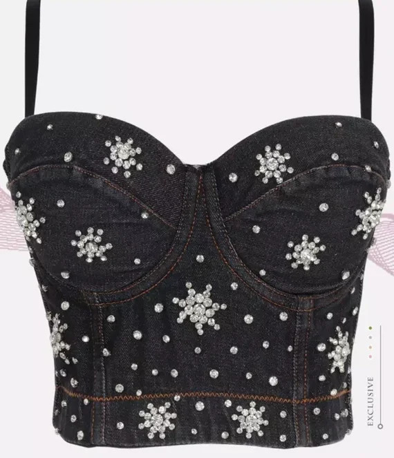Black Denim Crystal Rhinestone Diamond Embellished Beaded Bustier Bralette Corset | Etsy (US)