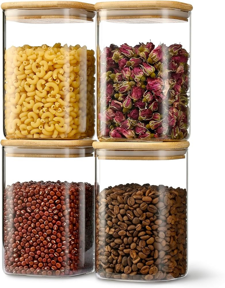 37oz Airtight Glass Square Storage Canister with Bamboo Lid Set of 4 (1100ml) Container Stackable... | Amazon (US)
