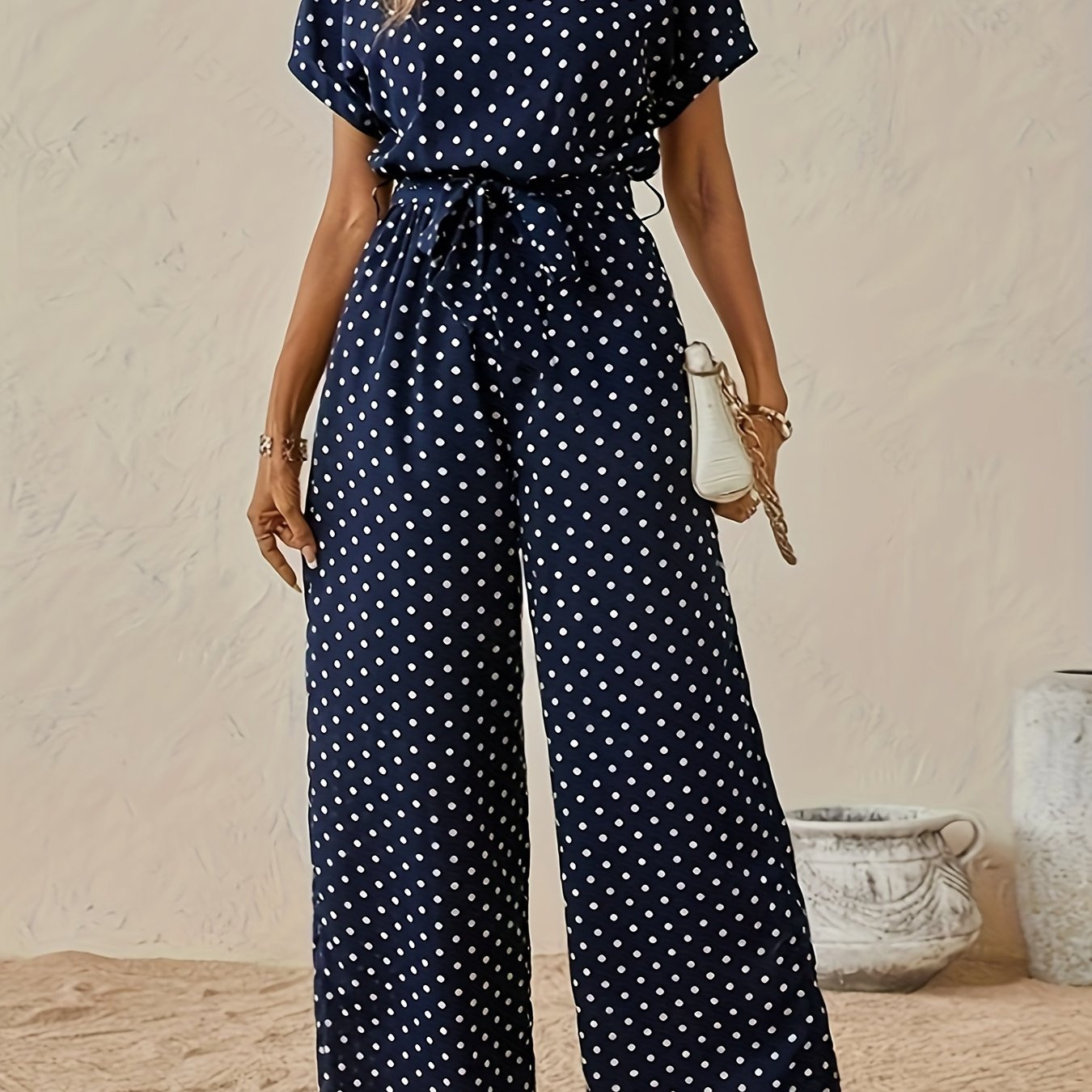 TEMU Women's Navy Blue Polka Dot Jumpsuit With Ruched Detail - Stylish Belted Romper For Casual & Formal Events, Wear, Formal Attire | Belted Romper | Ruched Detailing, Jumpsuit | Temu Affiliate Program