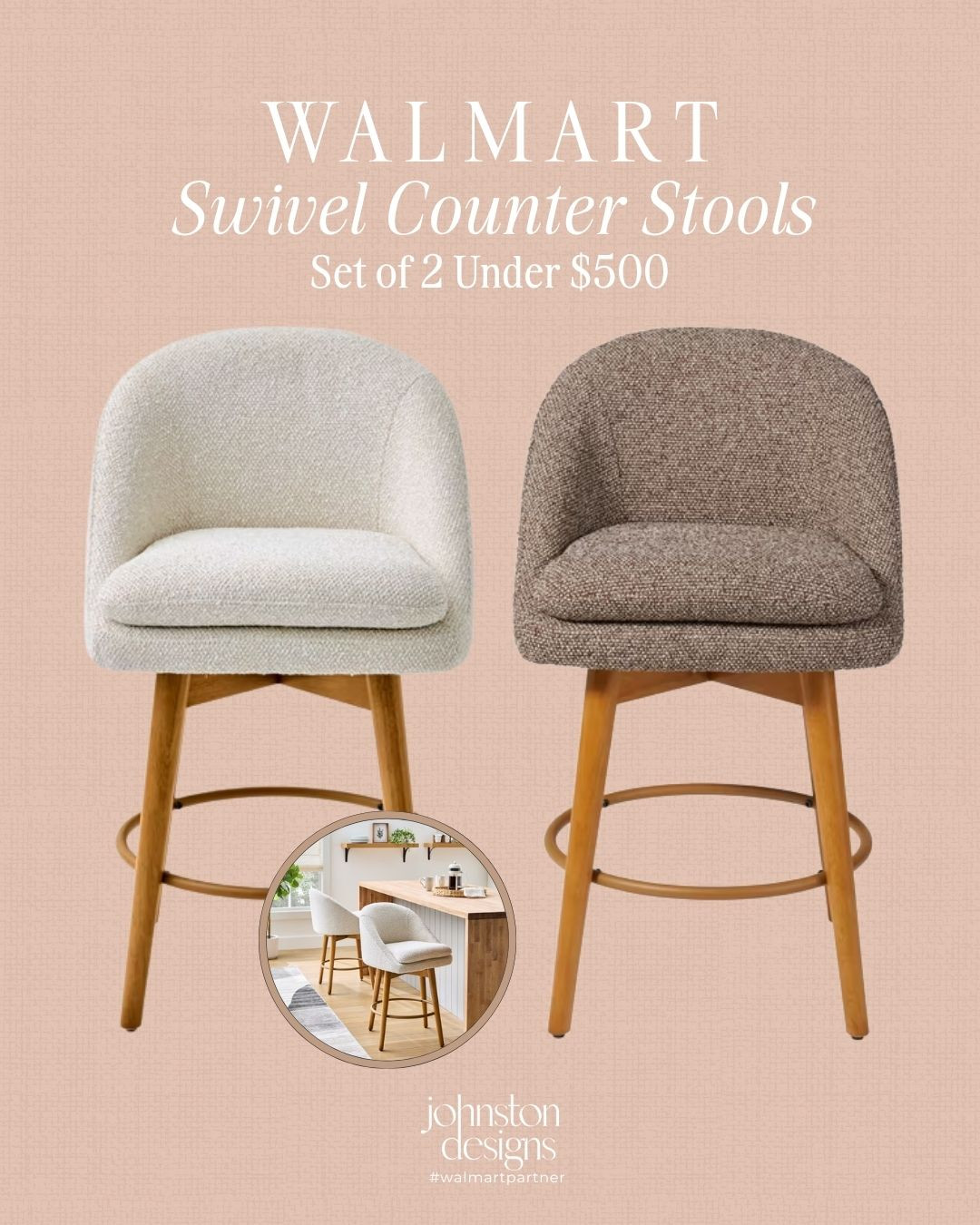 These swivel stools look so high-end for the price 🤎 Love the curved silhouette, textured upholstery and warm wood tones that work with modern organic, coastal and transitional spaces.

Walmart home, counter stools, swivel stools, kitchen island seating, modern organic style, neutral home decor, designer look for less, kitchen refresh, upholstered stools, textured fabric, wood accents, coastal home, transitional decor, affordable furniture, island chairs, home finds, kitchen inspiration, warm neutrals, walmart furniture, budget friendly decor, kitchen styling 

 #LTKHome