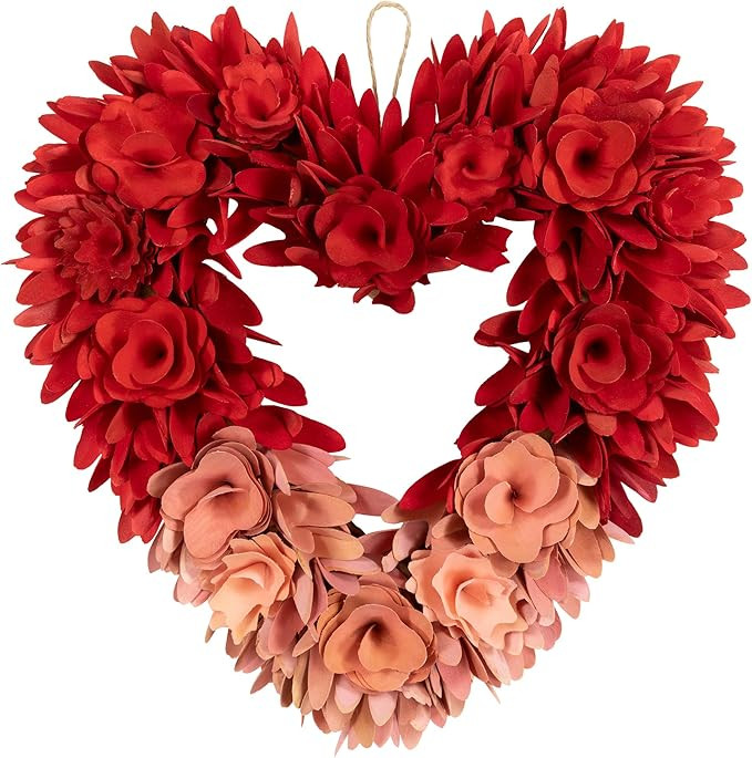 Wooden Rose Artificial Valentine's Day Floral Wreath - 14" - Red and Pink | Amazon (US)