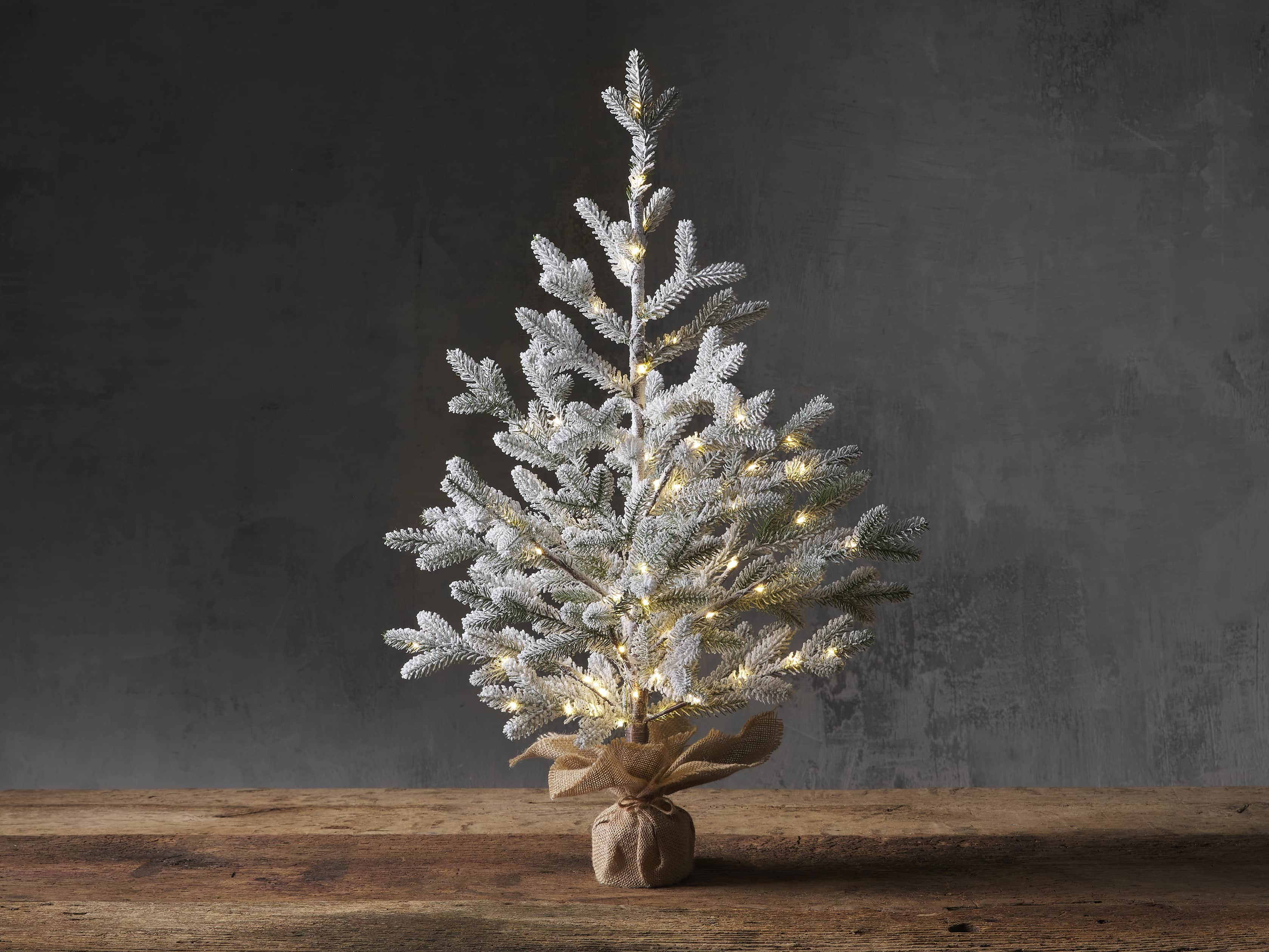 Pre- Lit Flocked Faux Pine Tree in Burlap | Arhaus