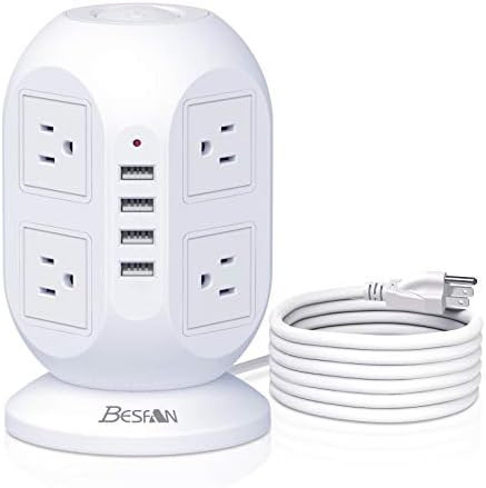 Power Strip Tower, BESFAN 10ft Extension Cord with 8 AC Outlets & 4 USB Ports, Surge Protector Po... | Amazon (US)