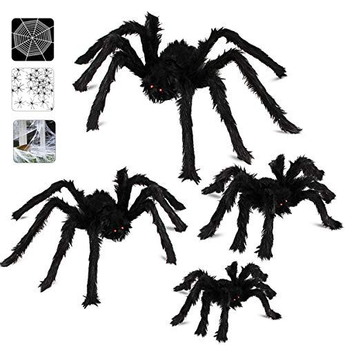 Halloween Spider Decorations, Aitey Halloween Scary Giant Spider Set with 4 Large Fake Spider, Spide | Amazon (US)