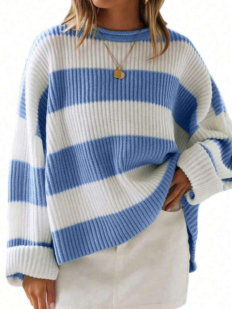 SHEIN EMERY ROSE CURVE Plus Size Casual Colorblock Striped Plus Size Sweater, Autumn/Winter | SHEIN