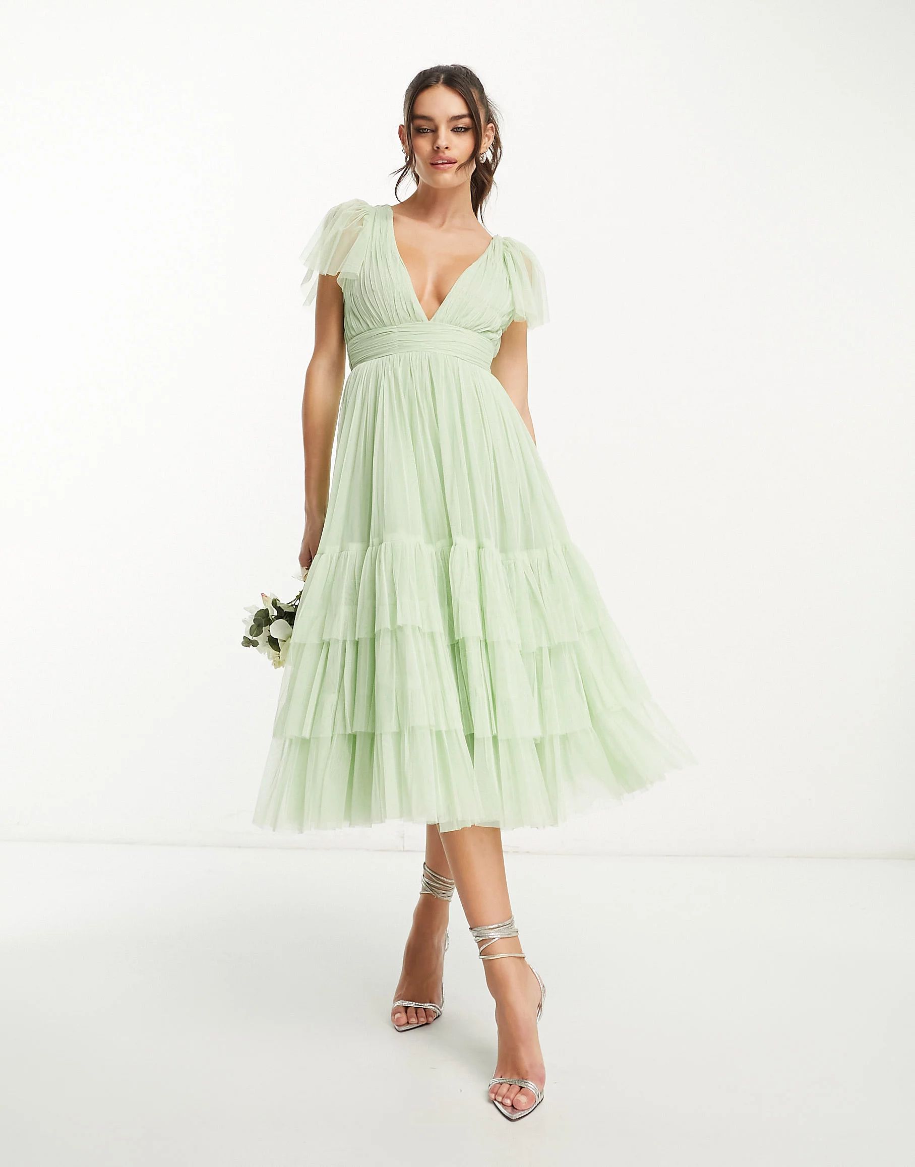 Lace & Beads Bridesmaid Madison v neck tulle dress in sage | ASOS (Global)