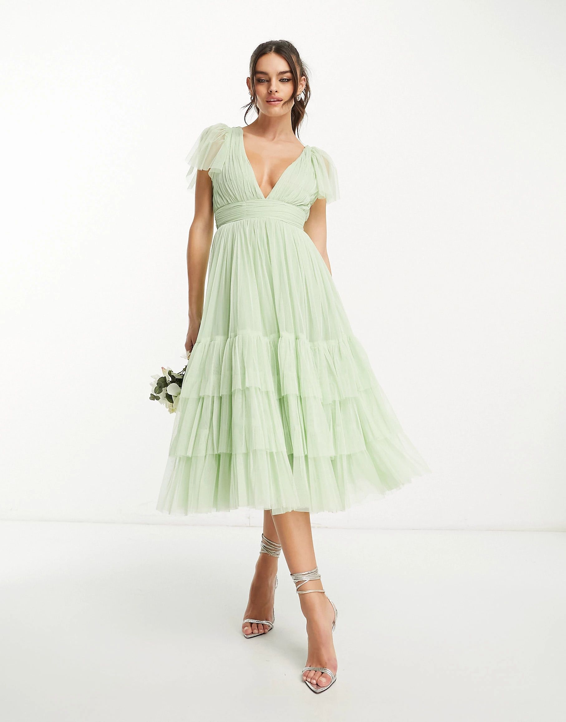 Lace & Beads Bridesmaid Madison v neck tulle dress in sage | ASOS | ASOS (Global)