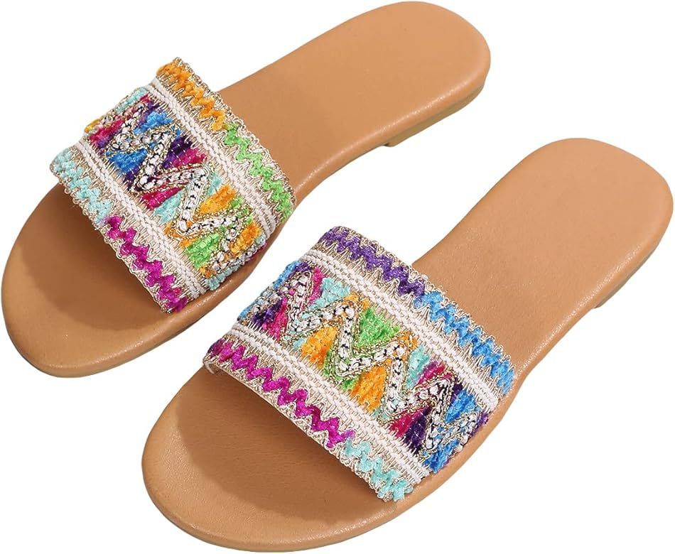 GORGLITTER Women's Sandals Braided Flat Open Toe Leather Slide Sandals | Amazon (US)