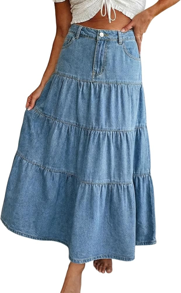 EMMIOL Long Denim Skirt for Women - Mid High Waisted A-Line Jean Maxi Skirts Dark Wash Tiered Swi... | Amazon (US)