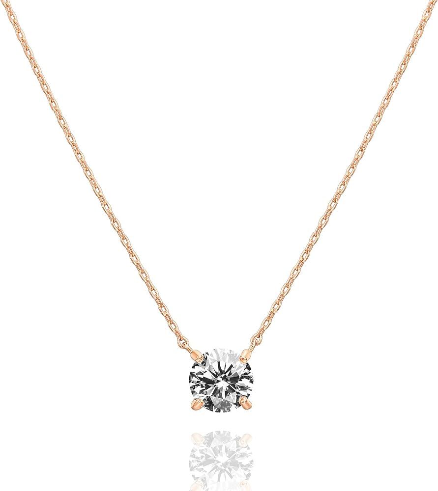 PAVOI 14K Gold Plated Crystal Solitaire 1.5 Carat (7.3mm) CZ Dainty Choker Necklace | Gold Necklaces for Women | Amazon (US)