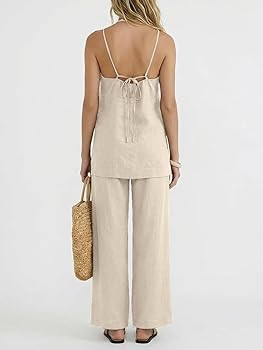 Amazon.com: UNCOOYEE Womens 2 Piece Linen Outfits Summer Halter Neck Sleeveless Side Split Tank T... | Amazon (US)