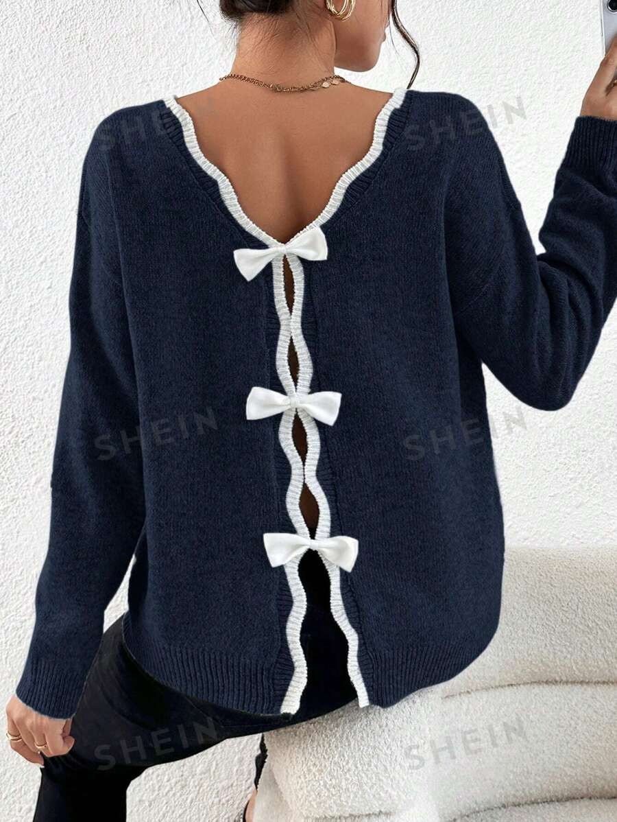 SHEIN Frenchy Contrast Scallop Trim Bow Back Drop Shoulder Sweater | SHEIN