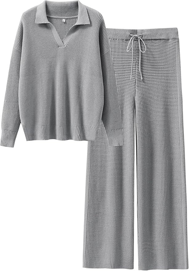 ANRABESS Womens Two Piece Outfits Sweater Sets Waffle Knit Pullover Wide Leg Pants Tracksuit Swea... | Amazon (US)