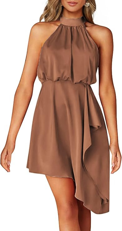PRETTYGARDEN Women's Summer Satin Short Dress 2023 Halter Neck Irregular Hem Ruffle Mini Party Co... | Amazon (US)