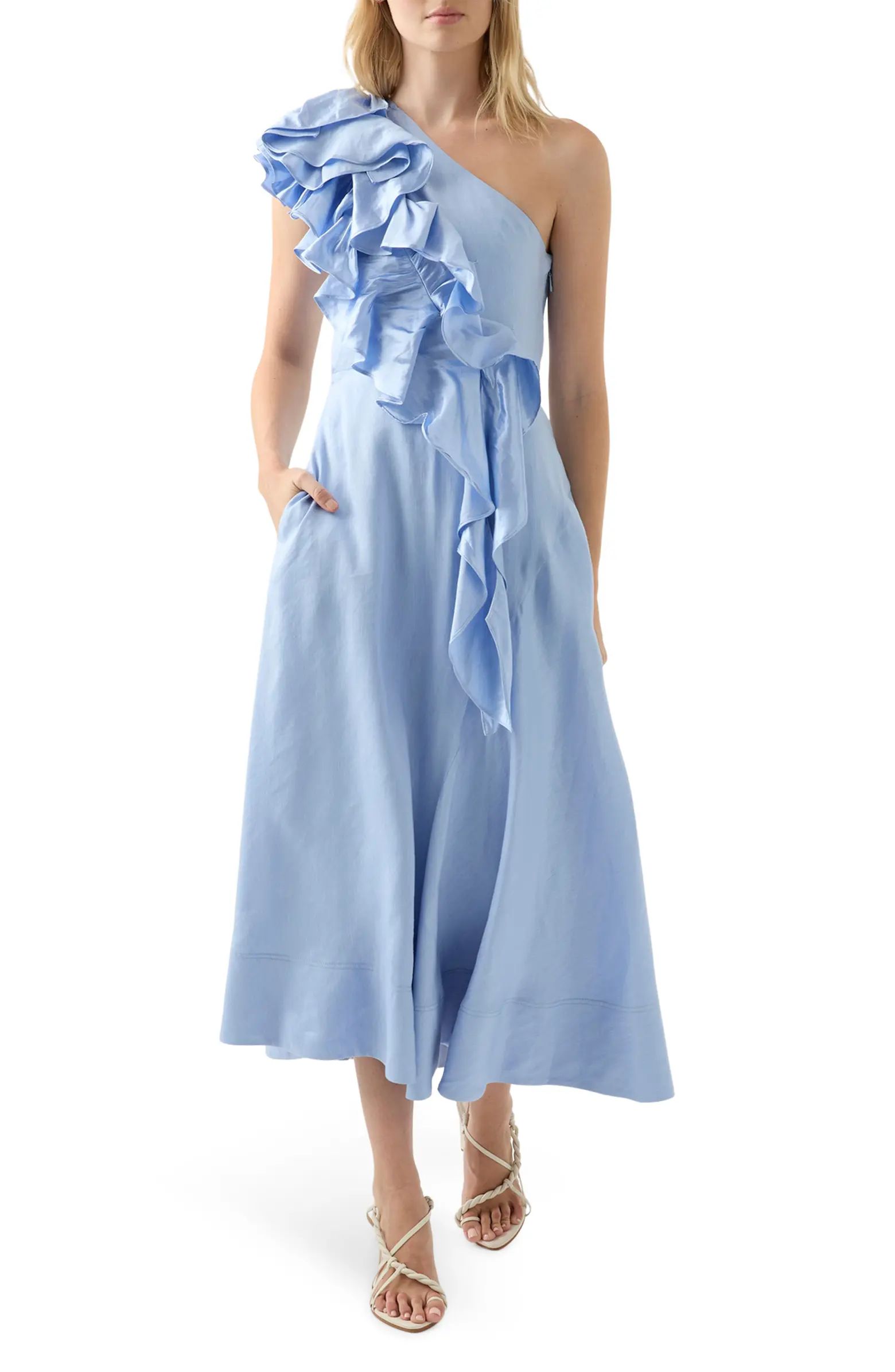 Adelia Asymmetric Ruffle Linen Blend Dress | Nordstrom