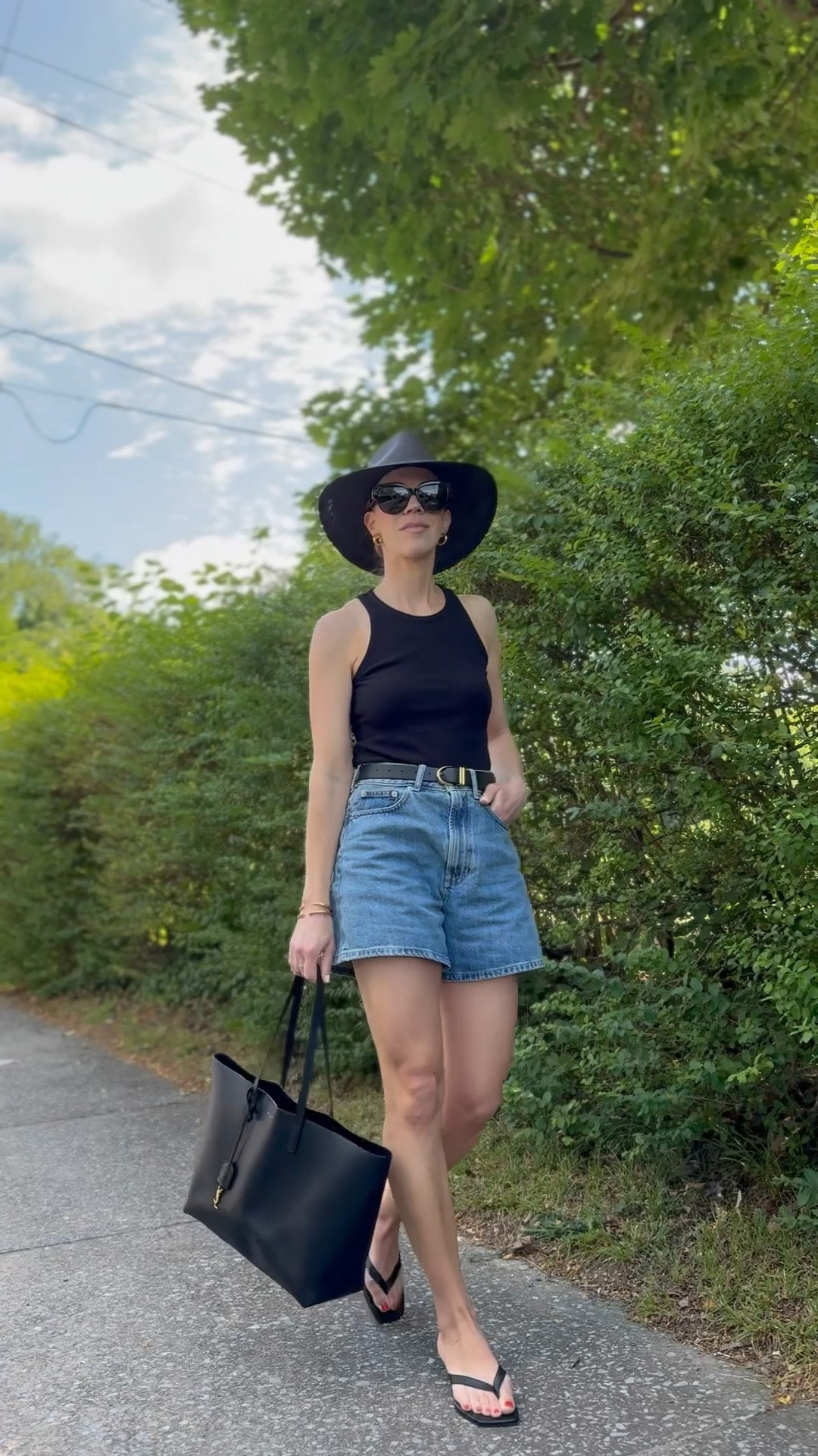 Summer outfit, 90’s minimalism, black tank top with denim shorts, high rise denim shorts, kitten heel thong sandals,
@Janessa Leone black straw hat

#LTKxMadewell #LTKSaleAlert #LTKOver40