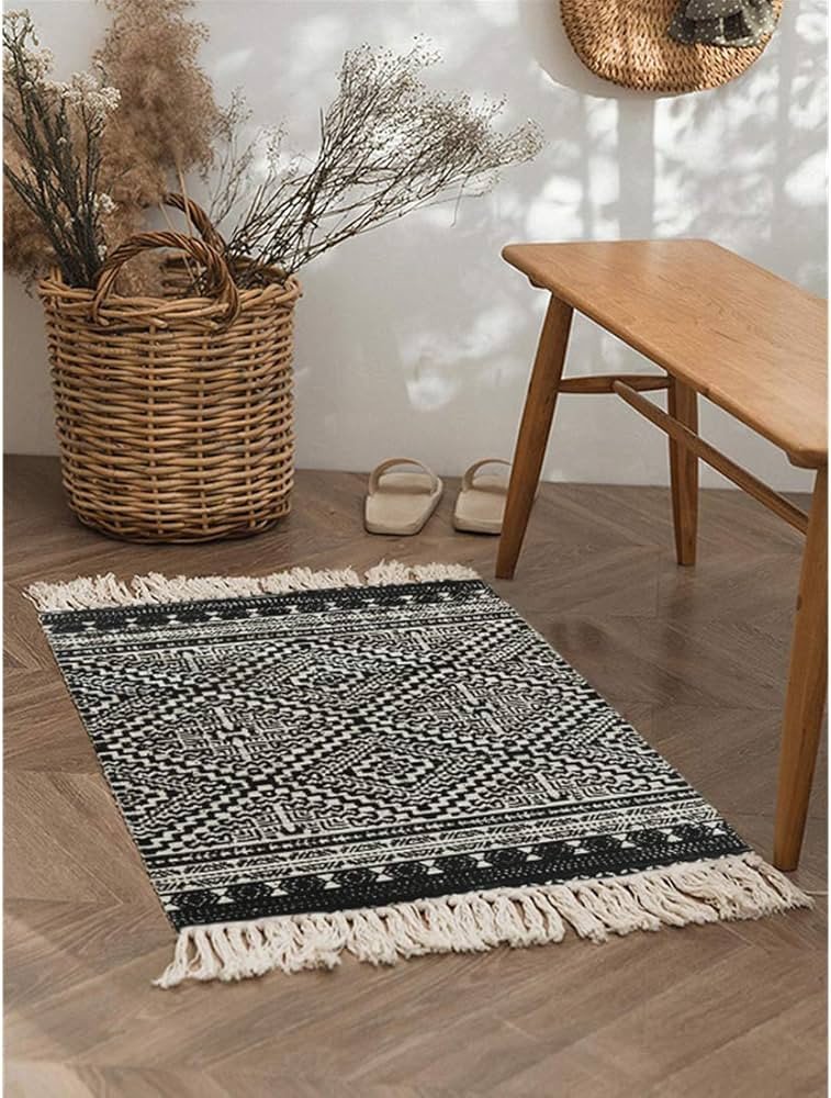 Seavish Cotton Printed Rug 2'W x 3'L Decorative Black and Cream Diamond Symmetry Kilim Small Area... | Amazon (US)