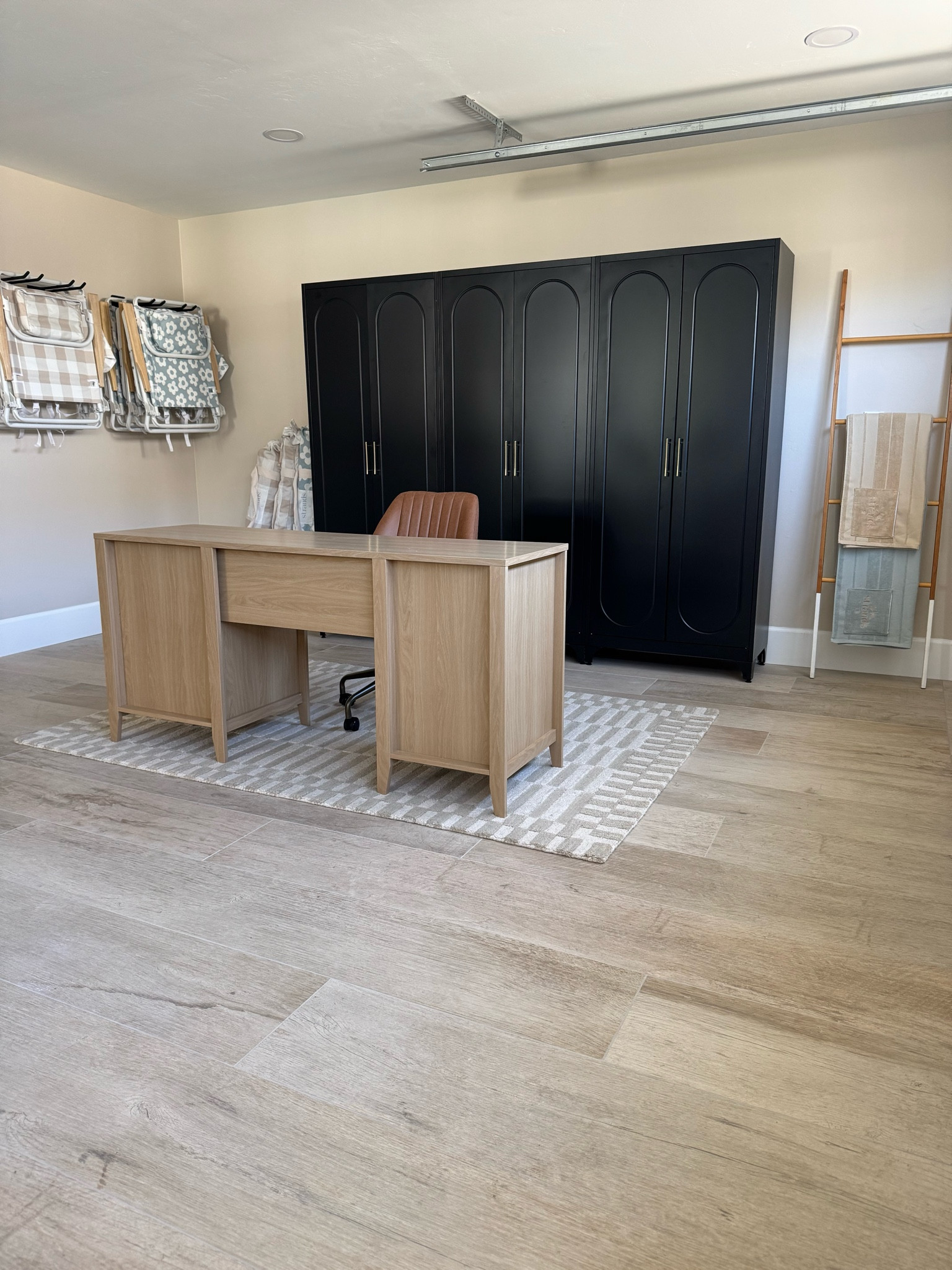 Our back garage converted into our office is finally finished! I love how it all came together! I was a budget shopper for the furniture in here and I’m so impressed how it all came together! 