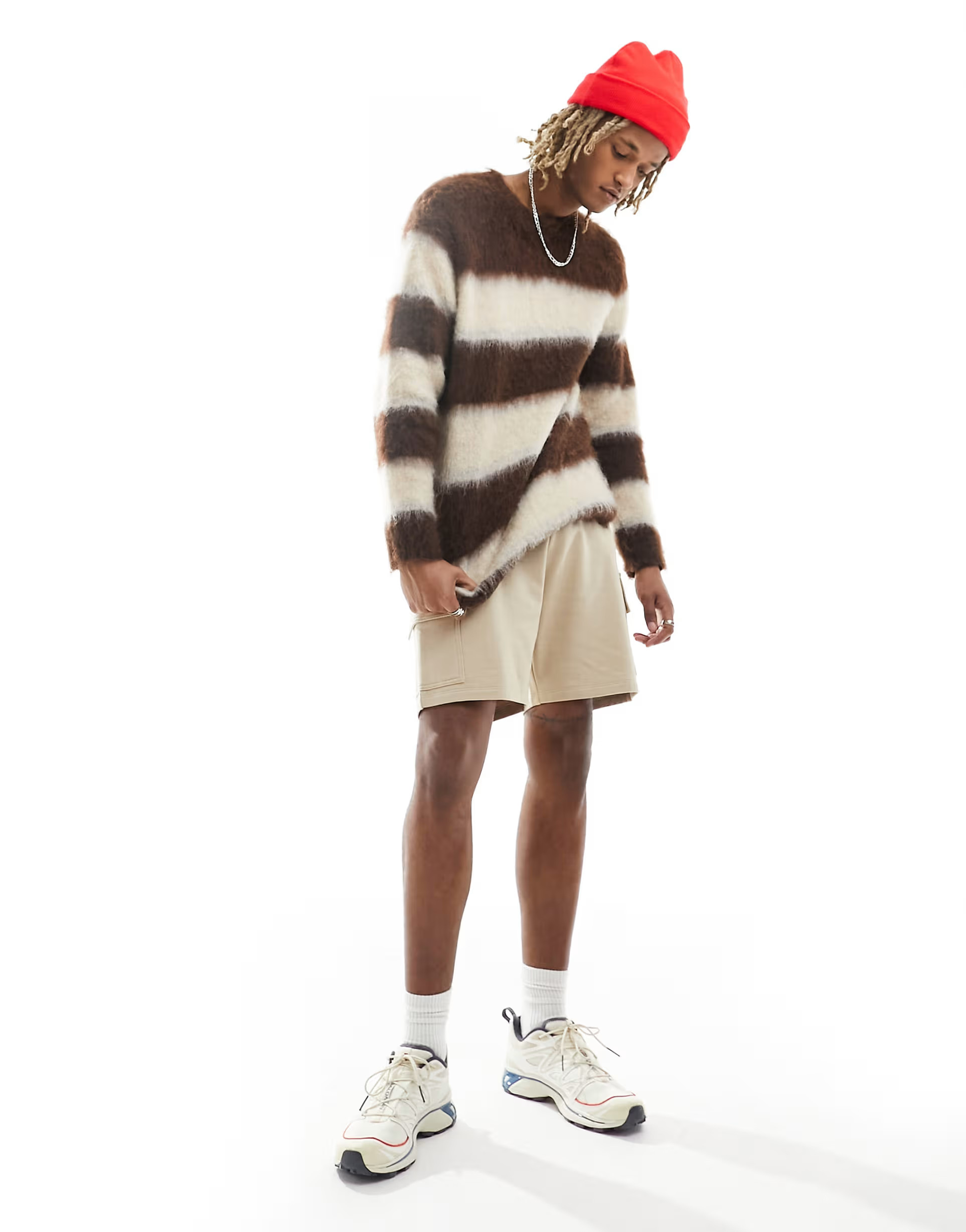 ASOS DESIGN knitted extreme fluffy jumper in brown stripe | ASOS | ASOS (Global)
