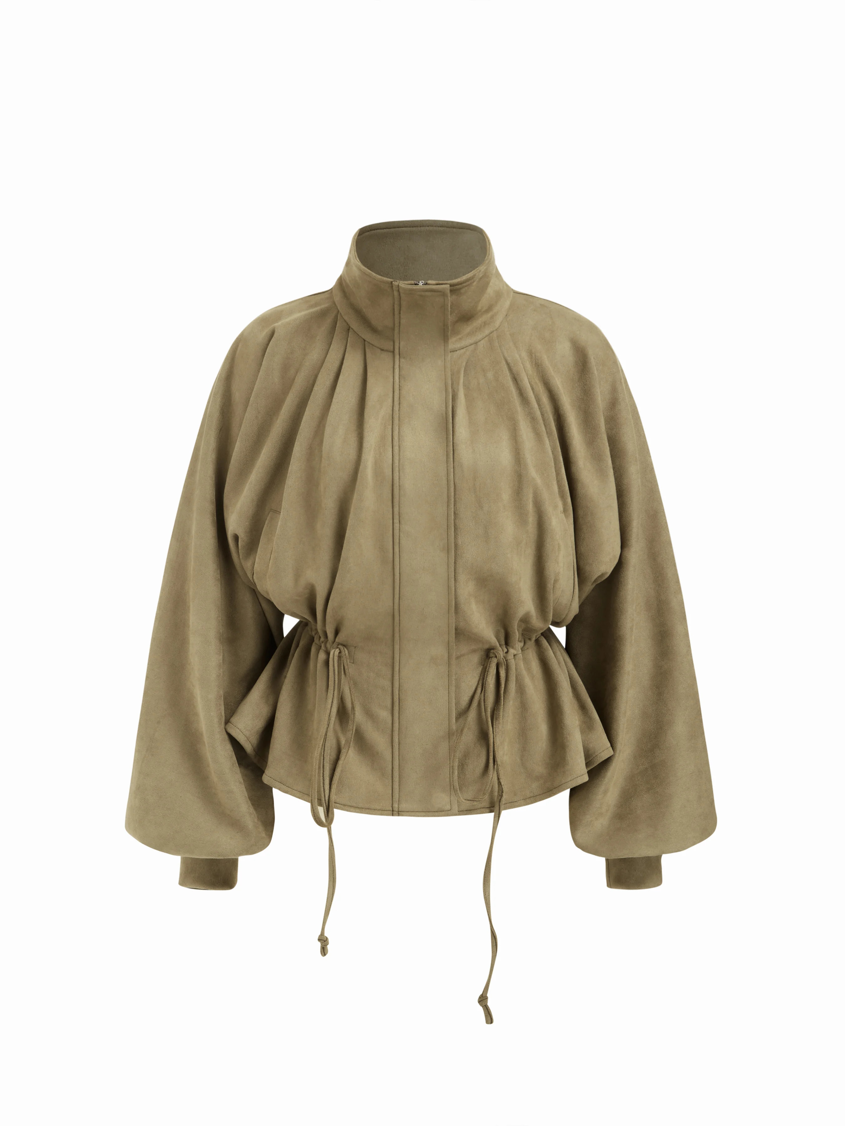 Suede Suede Collar Drawstring Cinched Waist Zip Through Lantern Sleeve Jacket For Daily Casual | Cider