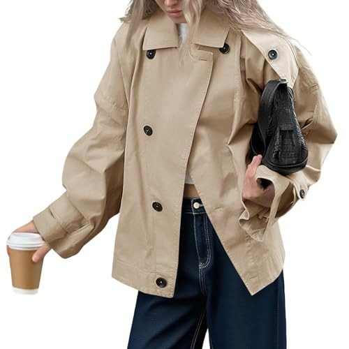 Tankaneo Womens Oversized Trench Coat Single Breasted Lapel Casual Coats Short Jacket Fall Outerwear | Amazon (US)