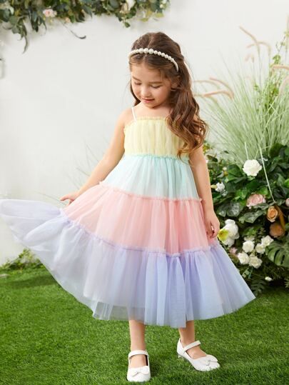 SHEIN Toddler Girls Colorblock Frill Trim Mesh Cami Dress | SHEIN