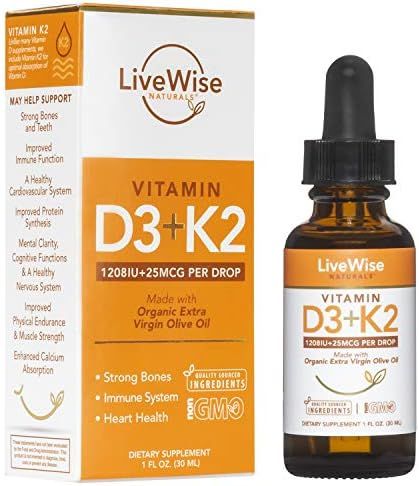 Vitamin D3 with K2 liquid drops, all natural, non-gmo, 1208iu D3 and 25mcg K2 (mk7) per serving, ... | Amazon (US)