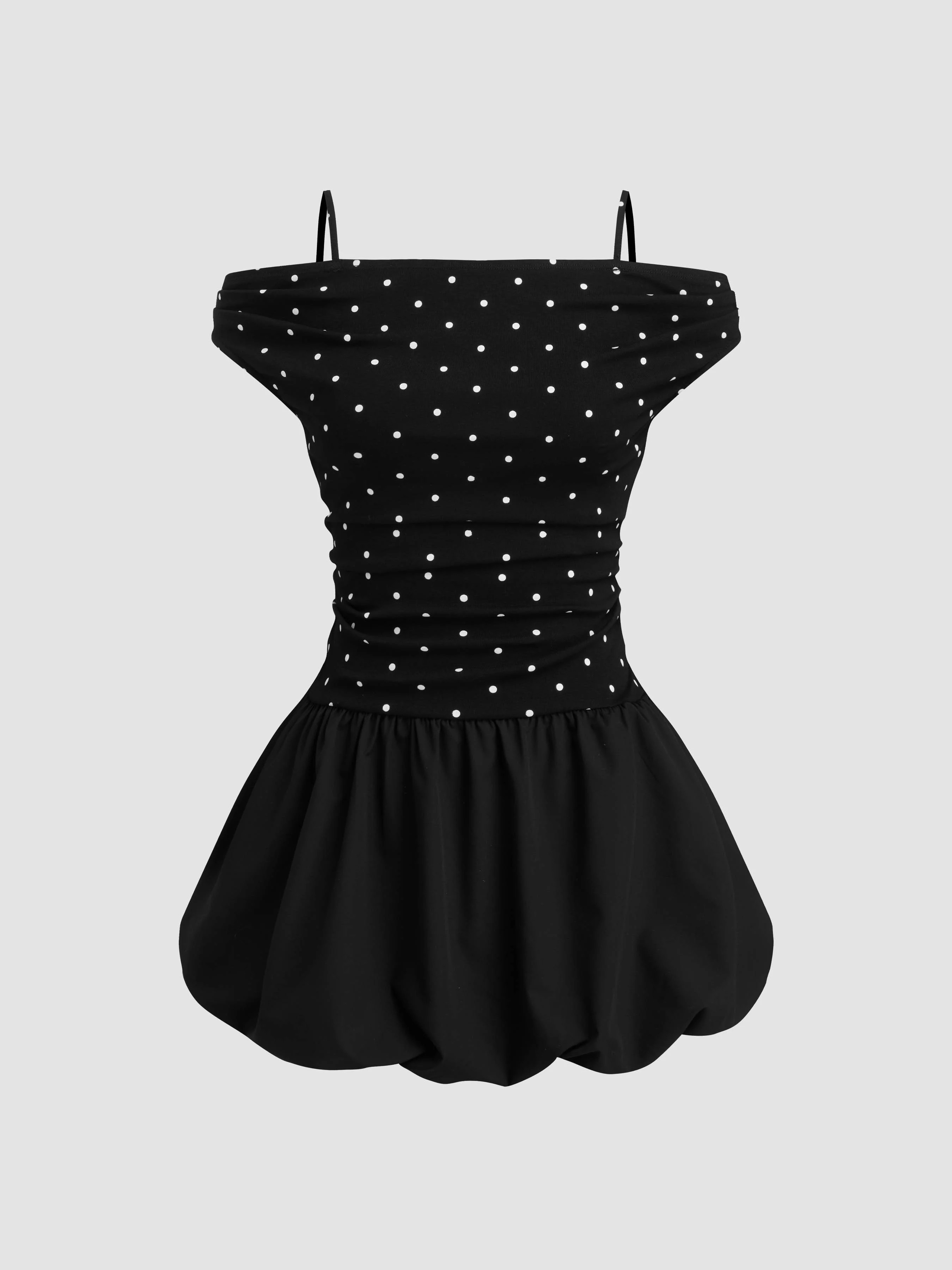 Knit Fabric Cotton-blend Off-shoulder Polka Dot Ruched Bubble Hem Mini Dress For Date | Cider