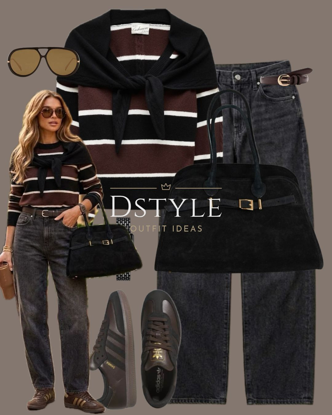 Effortless monochrome layering 🖤 Striped knit over dark denim, styled with black tote and Sambas. 
#Streetwear #CoolGirlStyle #CasualFit

#LTKootd