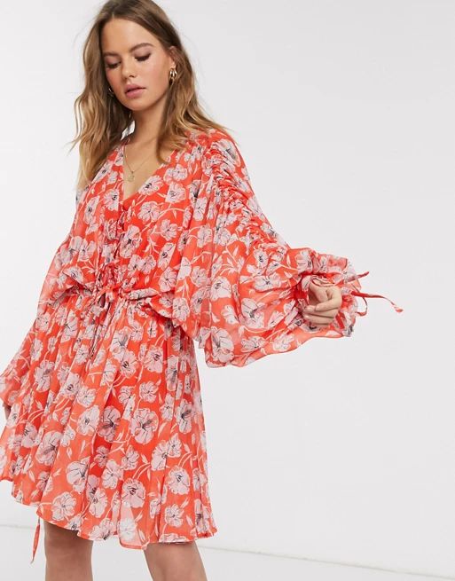 ASOS DESIGN soft tiered mini dress with drawstring details in red poppy floral | ASOS US
