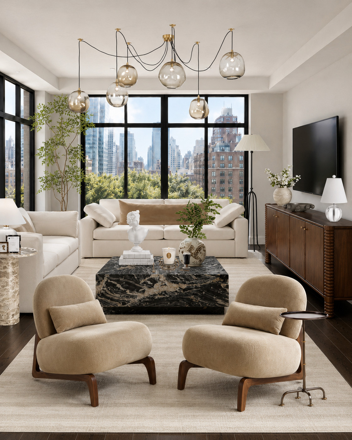 This room is such a good reminder that neutrals do not have to feel boring. The dark wood floors and black window frames add contrast, while the cream seating, textured rug, and warm wood credenza keep everything feeling soft and livable.

I love the mix here: sculptural lounge chairs, a marble coffee table, layered lighting, and just enough greenery to make the space feel finished without feeling overdone.

I may receive a commission when you shop through my links. 

 #LTKHome