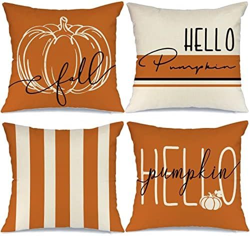 GEEORY Fall Decor Pillow Covers 18x18 Set of 4 Hello Pumpkin Orange Stripes Fall Outdoor Stripes ... | Amazon (US)