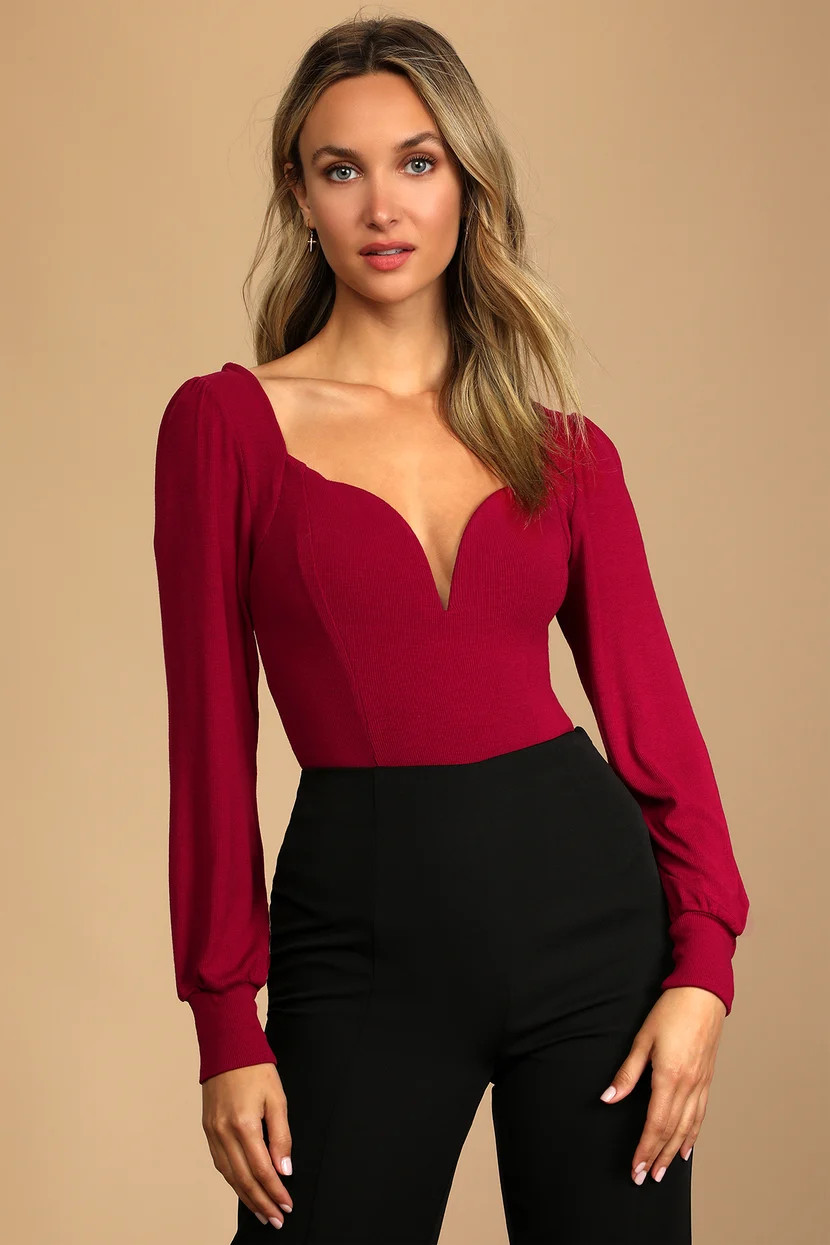 Flirting for Fun Wine Red Ribbed Long Sleeve Bodysuit | Lulus (US)