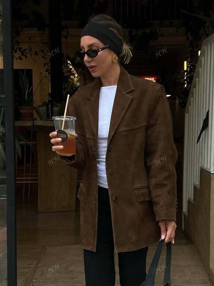 Blazer De Una Sola Hilera De Gamuza Para Mujer, De Estilo Chic De Alta Calle, De Moda Casual Con Solapa Y Manga Larga Para Otoño E Invierno | SHEIN
