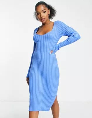 Monki rib knit body-conscious midi dress in blue | ASOS (Global)