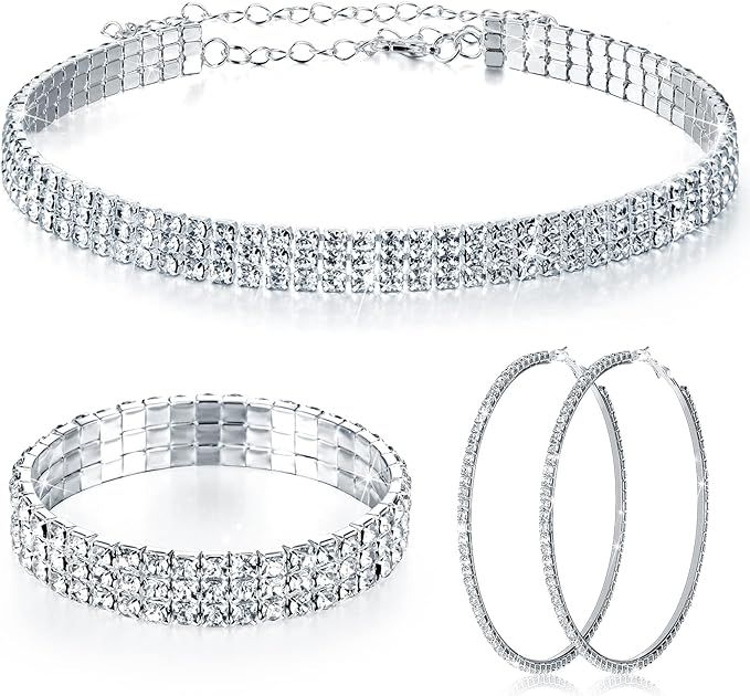 Sureio 3 Pieces Women Rhinestone Jewelry Set Rhinestone Choker Necklace Crystal Bracelet Crystal ... | Amazon (US)