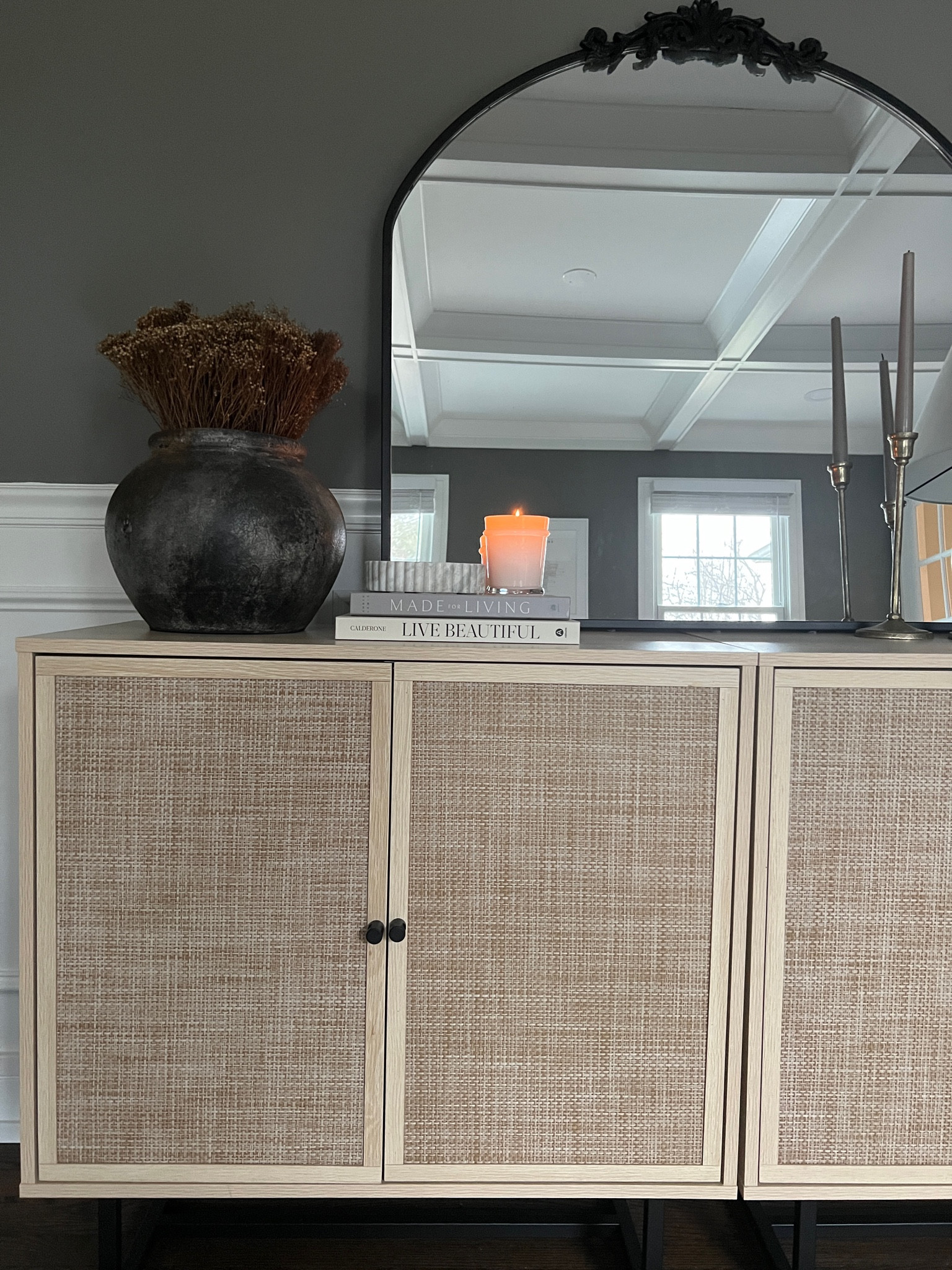 Sideboard styling using rustic and earthy materials with cane sideboard  Natural items like this vase and these dried florals are key to keeping an organic look. 

#LTKSeasonal #LTKhome #LTKunder100