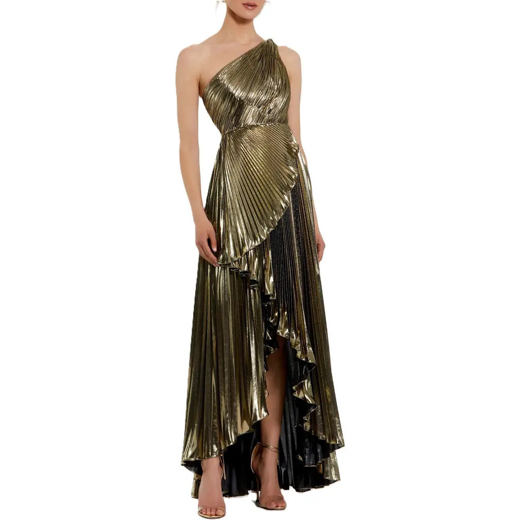 Mac Duggal Pleated Metallic One Shoulder High Low Gown in Gold at Nordstrom, Size 0 | Nordstrom
