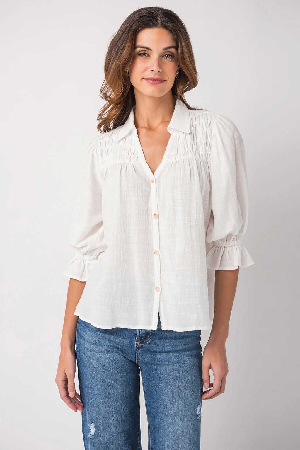 Fate 3/4 Sleeve Smocking Detail Button Down Top | Social Threads