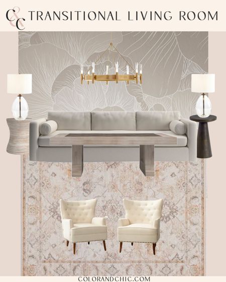 Transitional living room with cream accent chairs, sofa, brass chandelier and more! Love the wallpaper and how it contrasts with the rug! 

#LTKstyletip #LTKhome