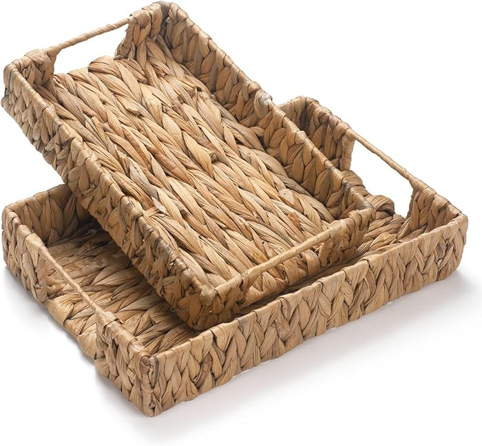 2 Pack Water Hyacinth Tray with Handles, Rectangular Wicker Serving Tray, Woven Serving Basket fo... | Amazon (US)