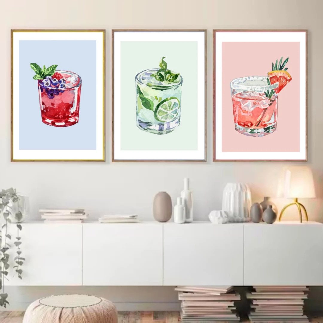 Cocktail Retro Print Set of 3, Bar Cart Wall Art Digital Download, Minimalistic Cute & Trendy, Co... | Etsy (US)