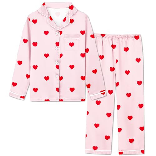 Silk Pajamas for Girls Satin Long Sleeve Button Down PJ Set Two-Piece Sleepwear for Kids, Red Heart Pink, 7-8 Years | Amazon (US)