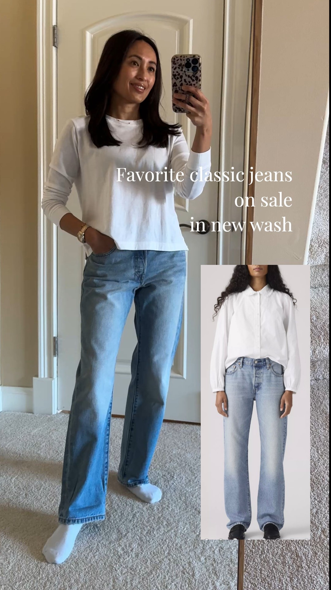Spring outfit  Jeans currently on sale. A favorite classic straight leg style of jeans. Really good quality all cotton denim material. 
New wash is great. 
I size up for a loose fit and take the 30 in length at about 5’4. 
Long sleeve White t-shirt: I wear true to size. All cotton and great quality. 
Bangle bracelets are good everyday jewelry pieces. 


#LTKOver40 #LTKootd #LTKSaleAlert