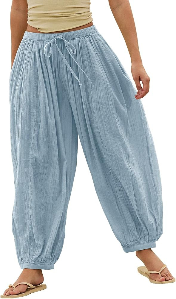 Shy Velvet Women Linen Blend Pants Lightweight Drawstring Elastic Waist Boho Summer Beach Vacatio... | Amazon (US)