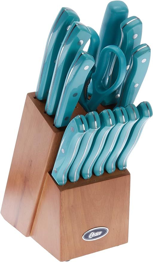 Oster Evansville 14 Piece Cutlery Set, Stainless Steel with Turquoise Handles - | Amazon (US)