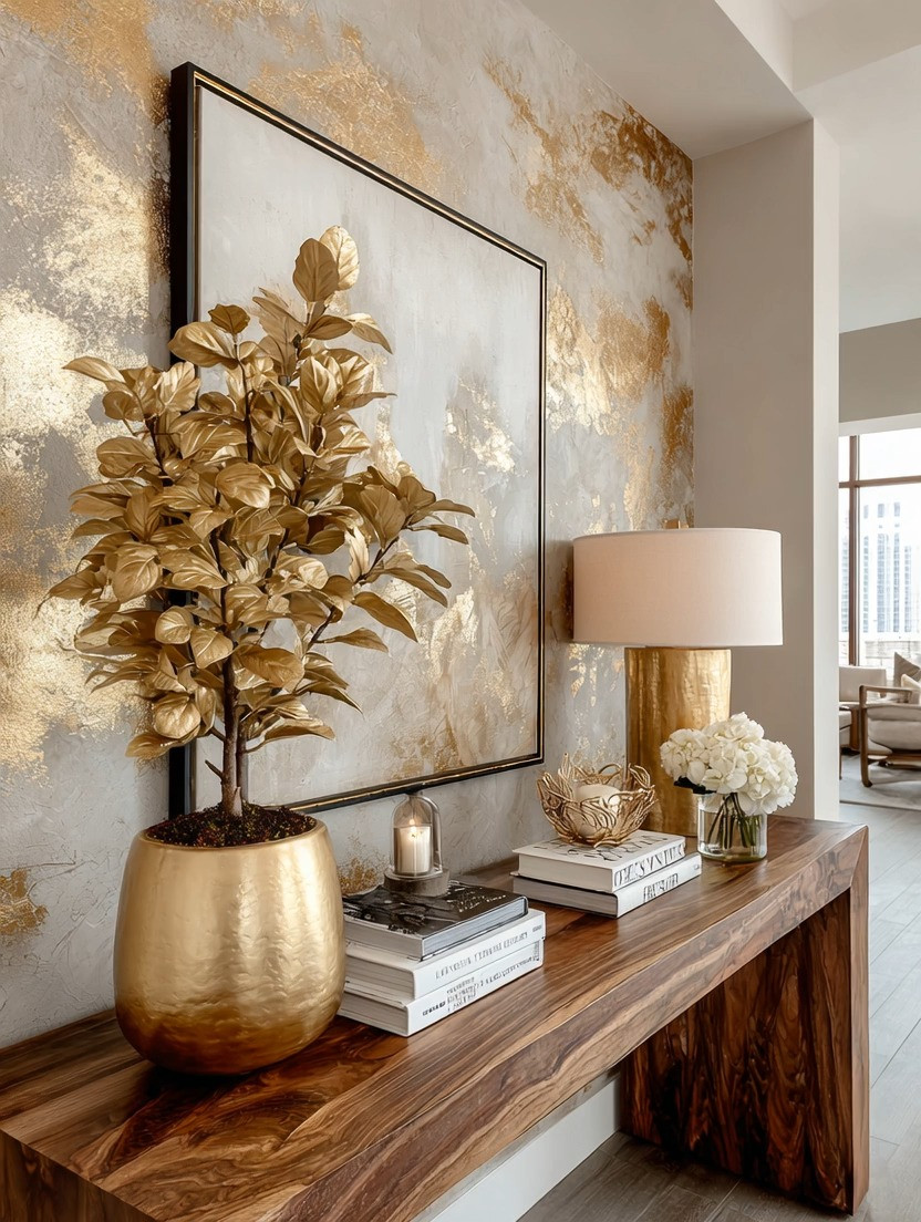 Wood and gold metal create a timeless balance in modern home decor, blending grounded, natural warmth with refined luxury. This console table styling shows how rich wood tones paired with gold accents—like a gold planter, table lamp, candle holders, and gold-infused wall art—instantly elevate an entryway, hallway, or living space. The contrast between earthy wood energy and warm metallic finishes brings depth, elegance, and visual harmony, making the space feel curated yet inviting. Whether you add subtle gold details or bold gold artwork, this combination works beautifully in modern, mid-century modern, and contemporary interiors to create a polished, high-end look without feeling overdone.

#HomeDecor #ModernHomeDecor #MidCenturyModern #InteriorDesign 

 #LTKHome