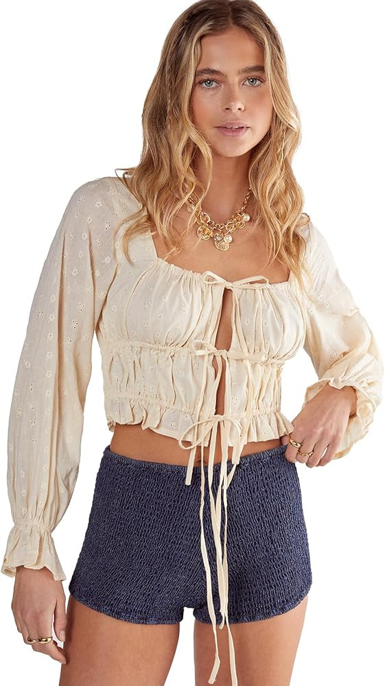 Nasty Gal Women's Broderie Ruched Tie Front Balloon Sleeve Top | Amazon (US)