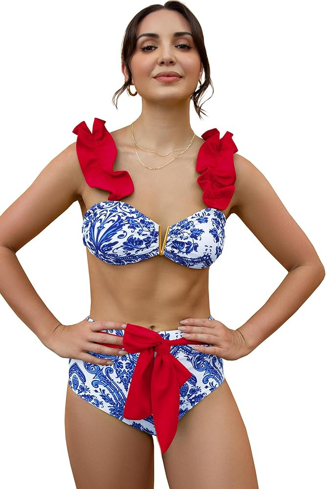 SPORLIKE Women High Waisted Swimsuit Flounce Straps Bikini Bathing Suit | Amazon (US)