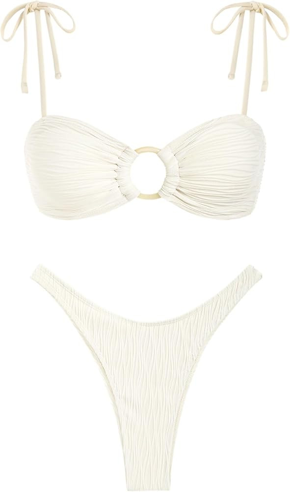 ZAFUL Women's Sexy Tie Spaghetti Strap Bikini Textured O Ring Ruched High Leg Swimsuit Cheeky Bat... | Amazon (US)